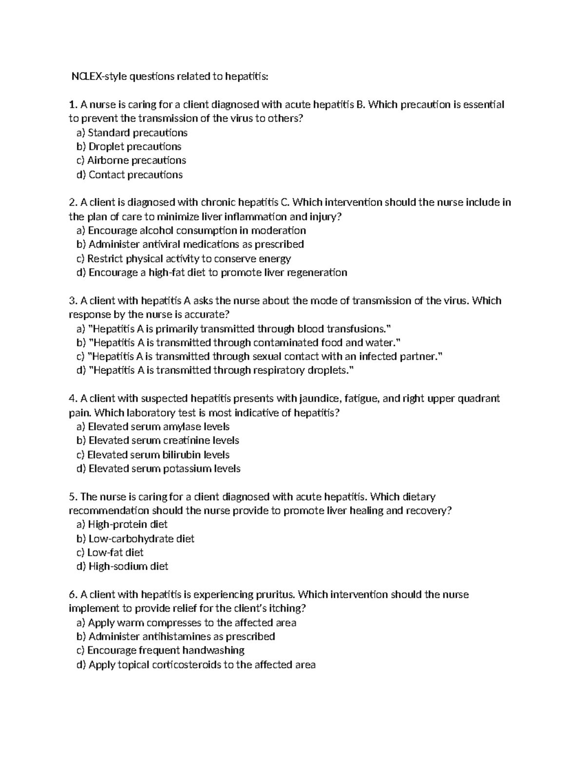 NCLEX Questions on Hepatitis for Nursing Students - Studocu