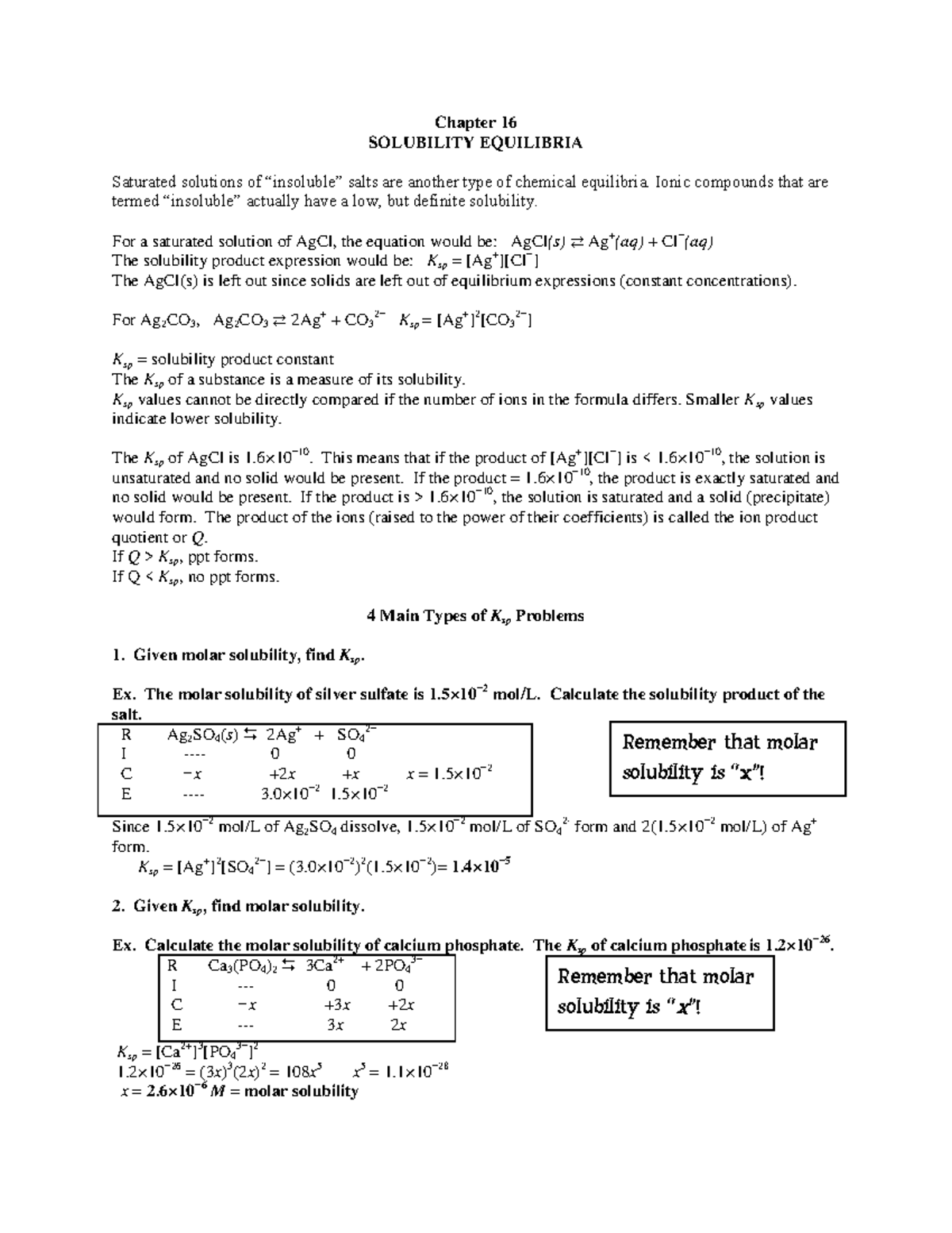 Chapter 16: Solubility Equilibria & Ksp Practice Notes - Studocu