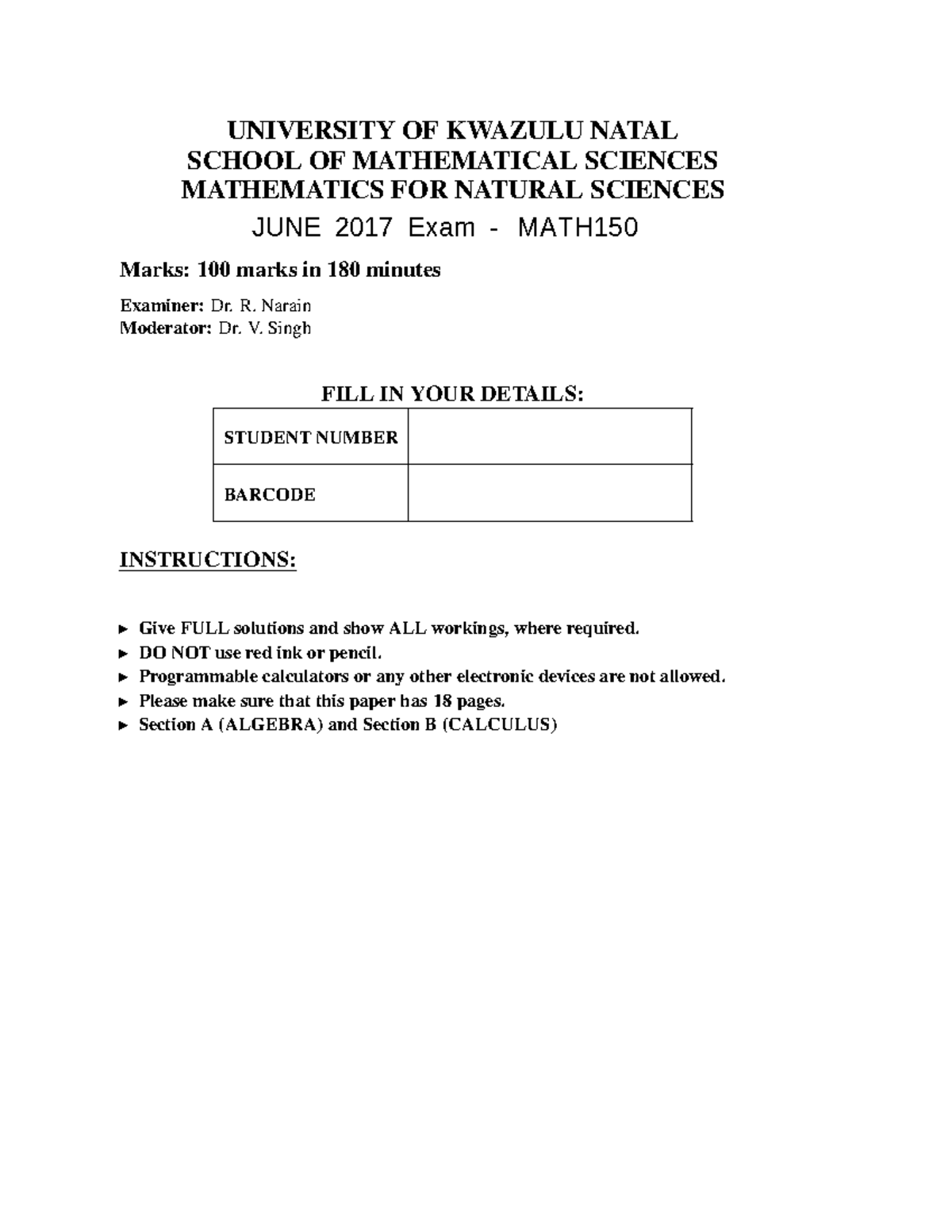 MATH150 2017 JUNE EXAM - Mathematics for Natural Sciences Past Paper ...