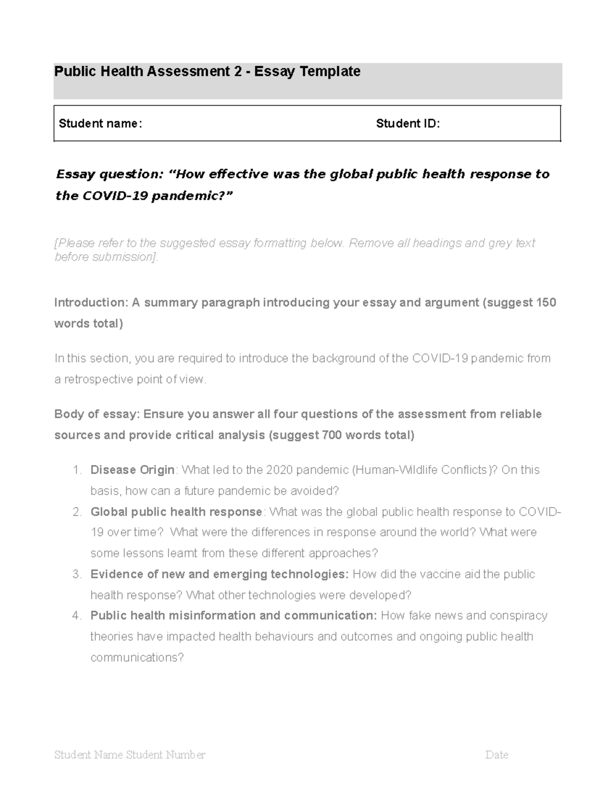 Public Health Assessment 2 Essay Template: Global Response to COVID-19 ...