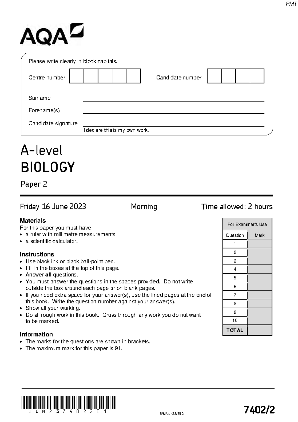 BIOLOGY Paper 2 - June 2023 Exam Questions and Mark Scheme - Studocu