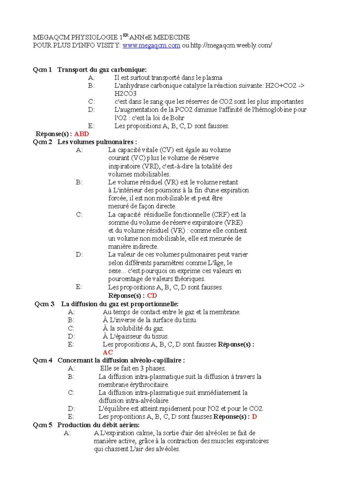 QCM Physiologie 1ère Année Médecine - Examen Complet - Studocu