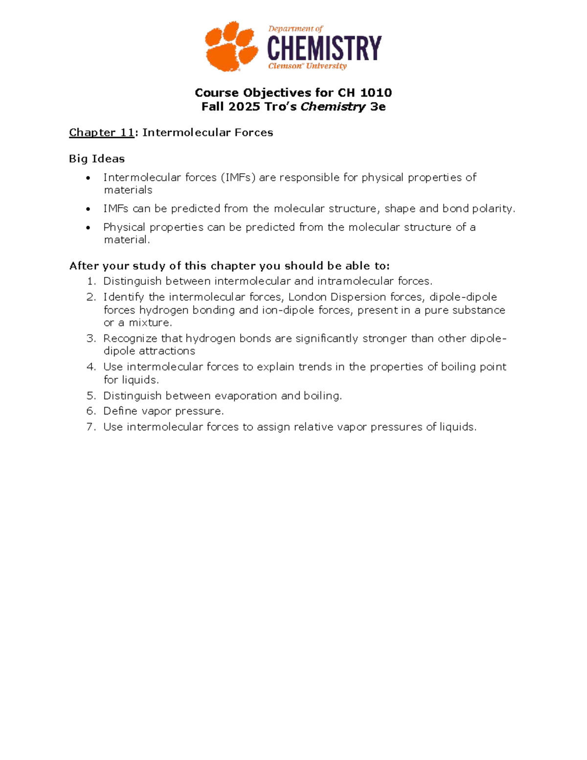 CH 1010: Chapter 11 - Intermolecular Forces Objectives - Studocu