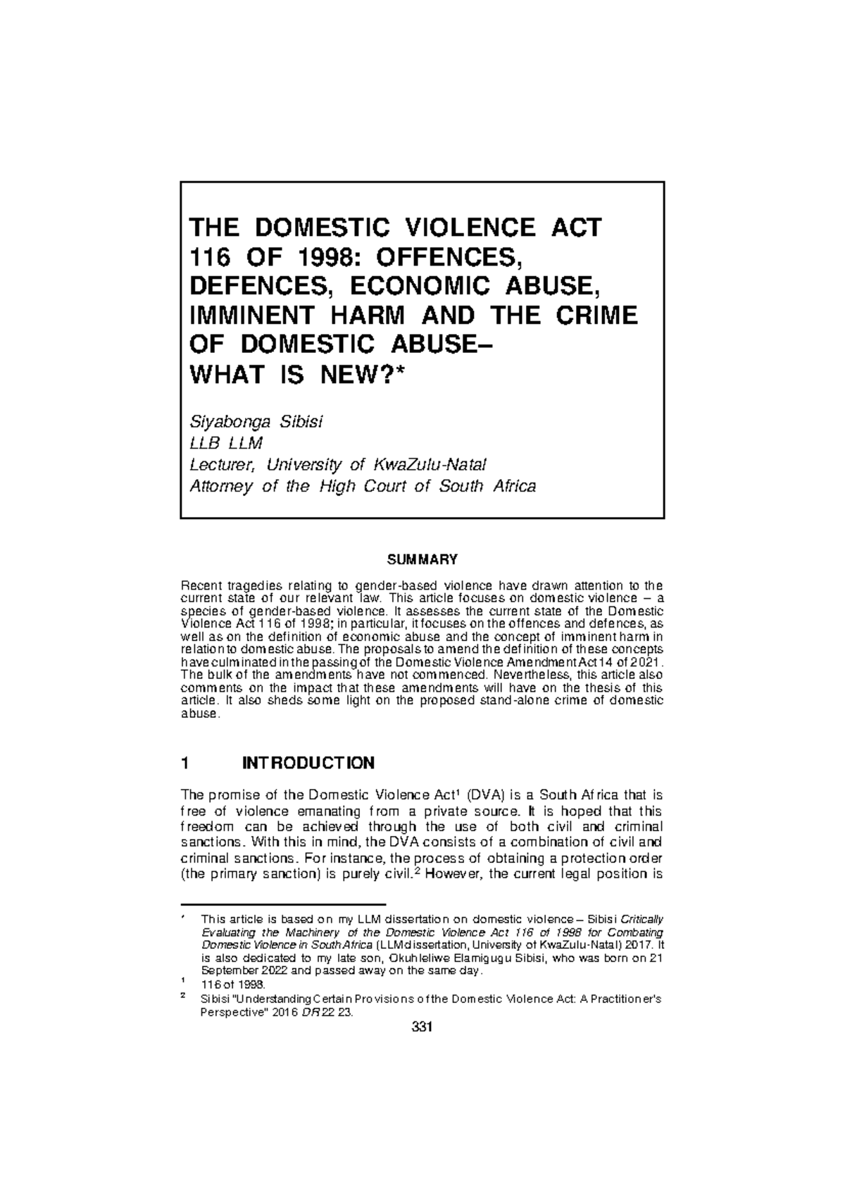 Law legal action - 331 THE DOMESTIC VIOLENCE ACT 116 OF 1998: OFFENCES ...