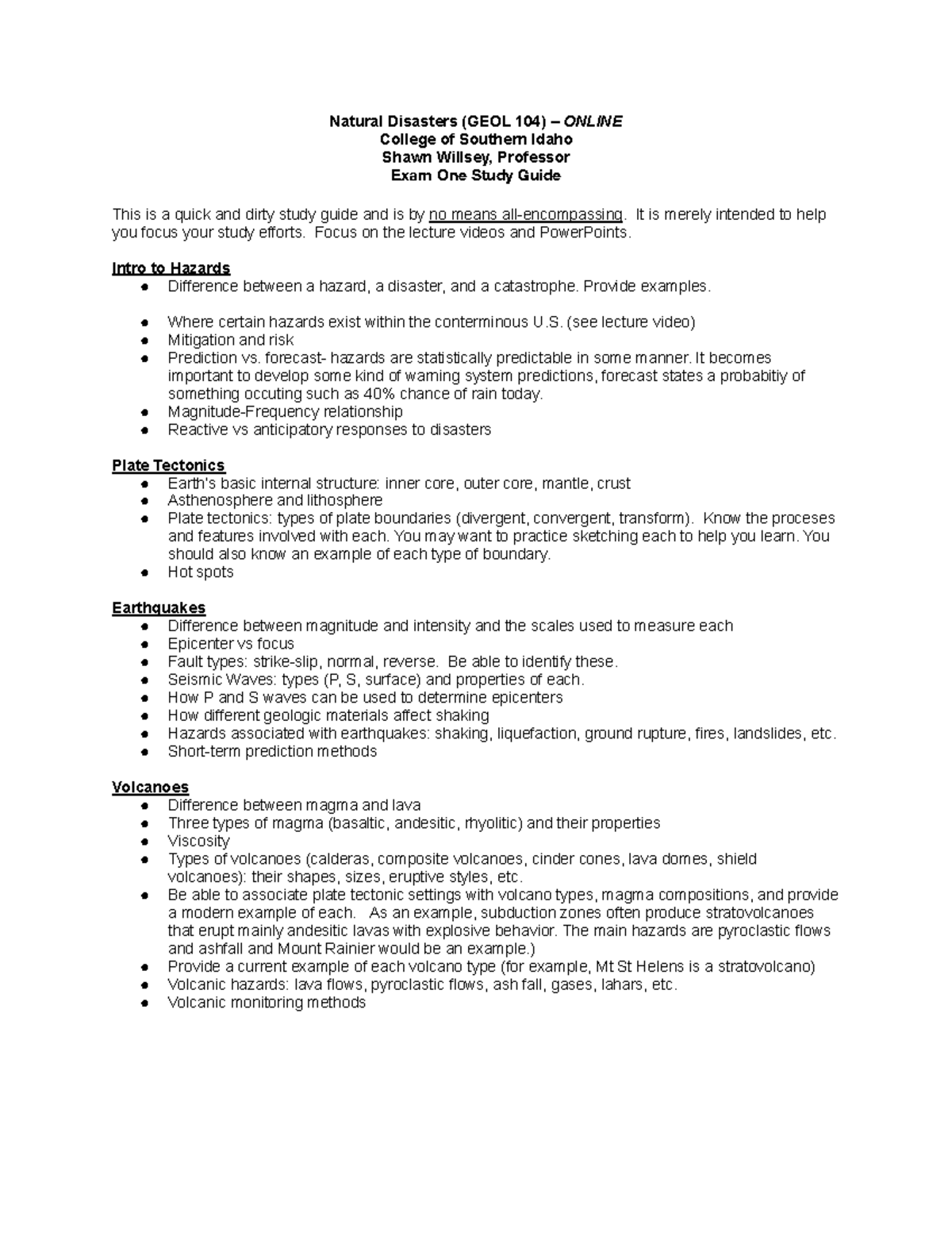 Natural Disasters Exam 1 Study Guide Geol 104 Csi Studocu