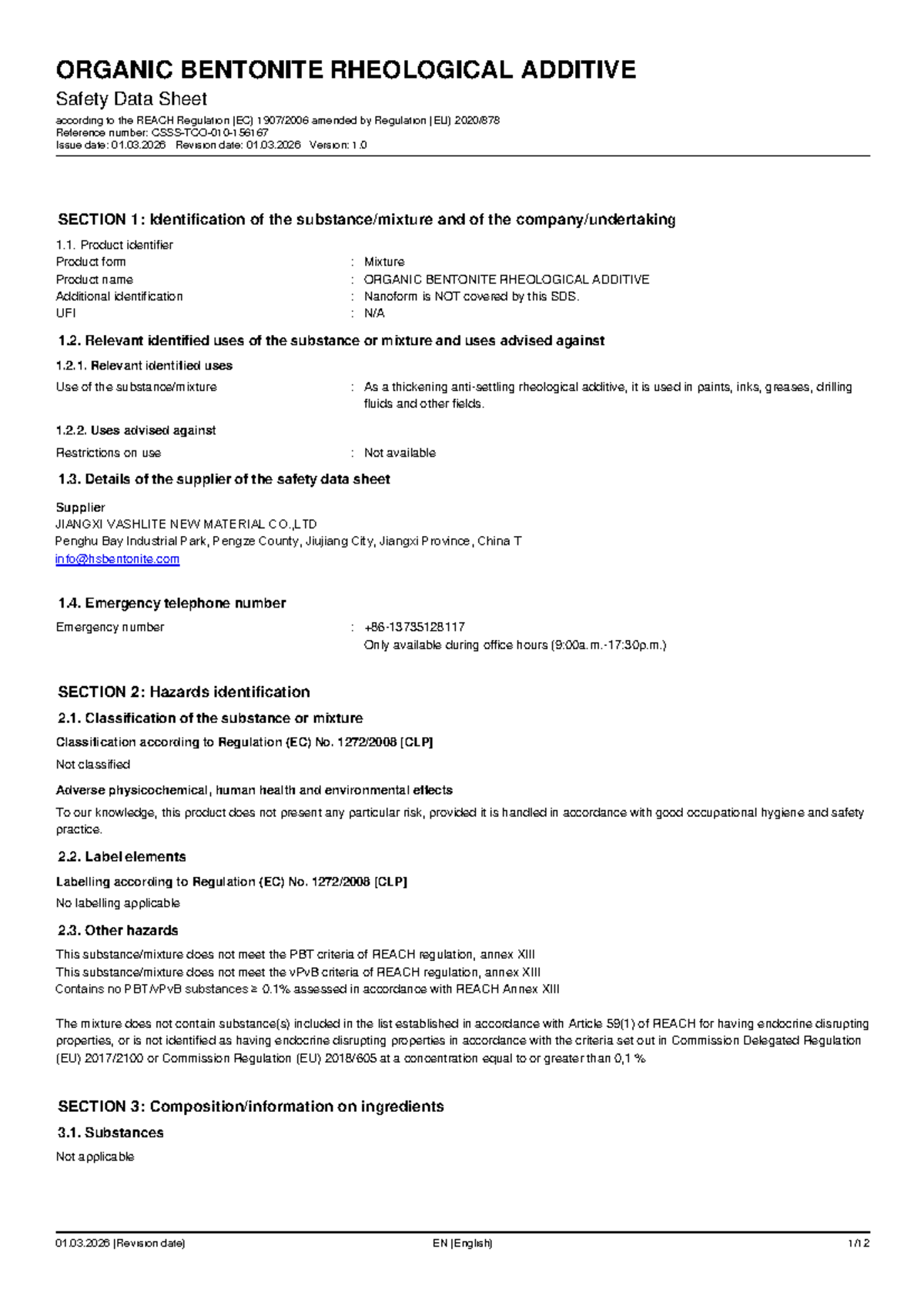 MSDS for Organic Bentonite Rheological Additive (EN-2023) - Studocu