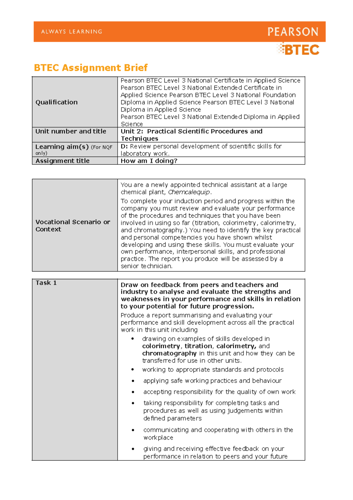 BTEC Level 3 Applied Science Unit 2: Evaluating Personal Skills and ...