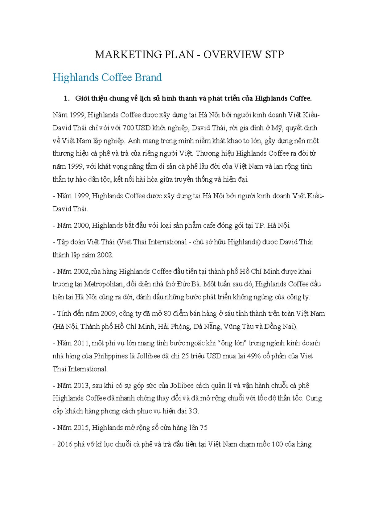 MARKETING PLAN STP HIGHLANDS COFFEE: HISTORY & STRATEGY OVERVIEW - Studocu