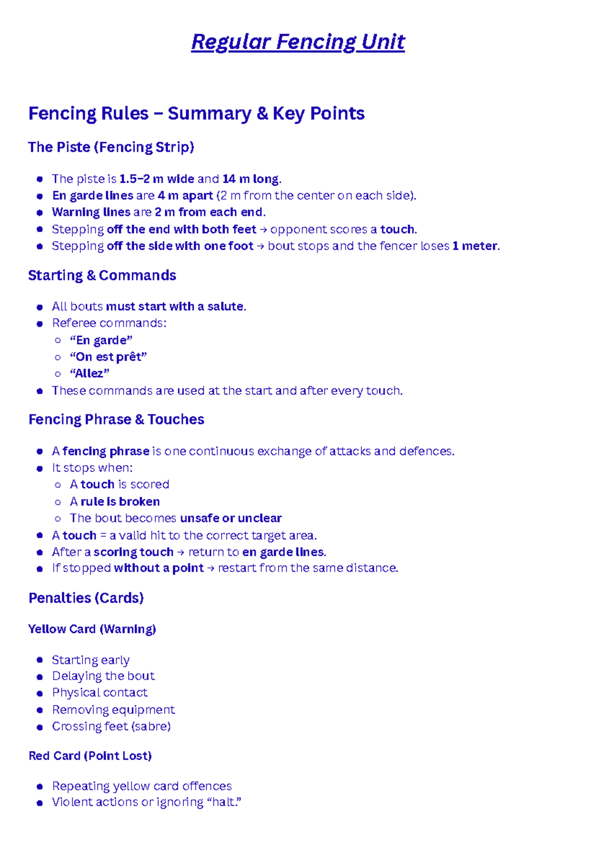Regular Fencing Unit: Key Rules & Summary Guide - Studocu
