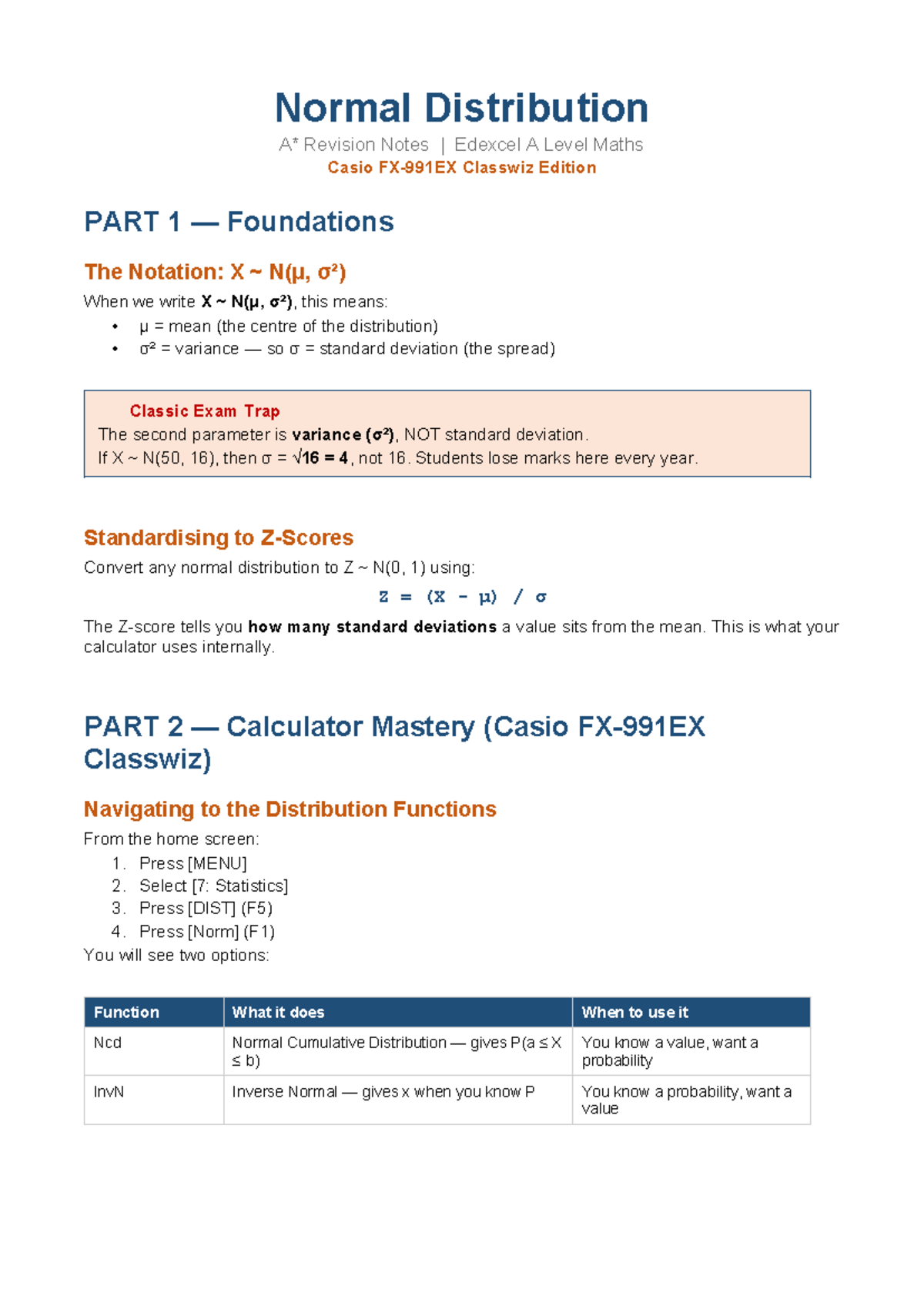 Normal Distribution Revision Notes Edexcel A Level Maths - Casio ...