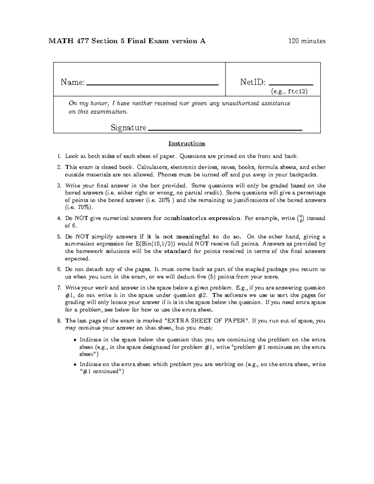 MATH 477 Section 5 Final Exam Version A - Practice Solutions - Studocu