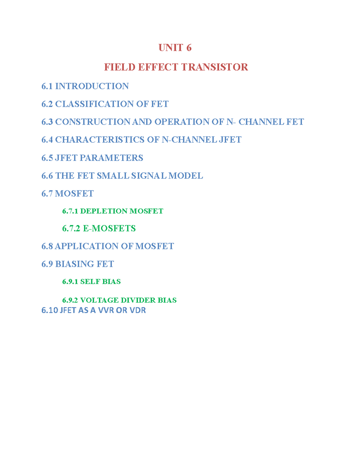 EDC unit 6 FET - Lecture notes 3 - UNIT 6 FIELD EFFECT TRANSISTOR 6 ...