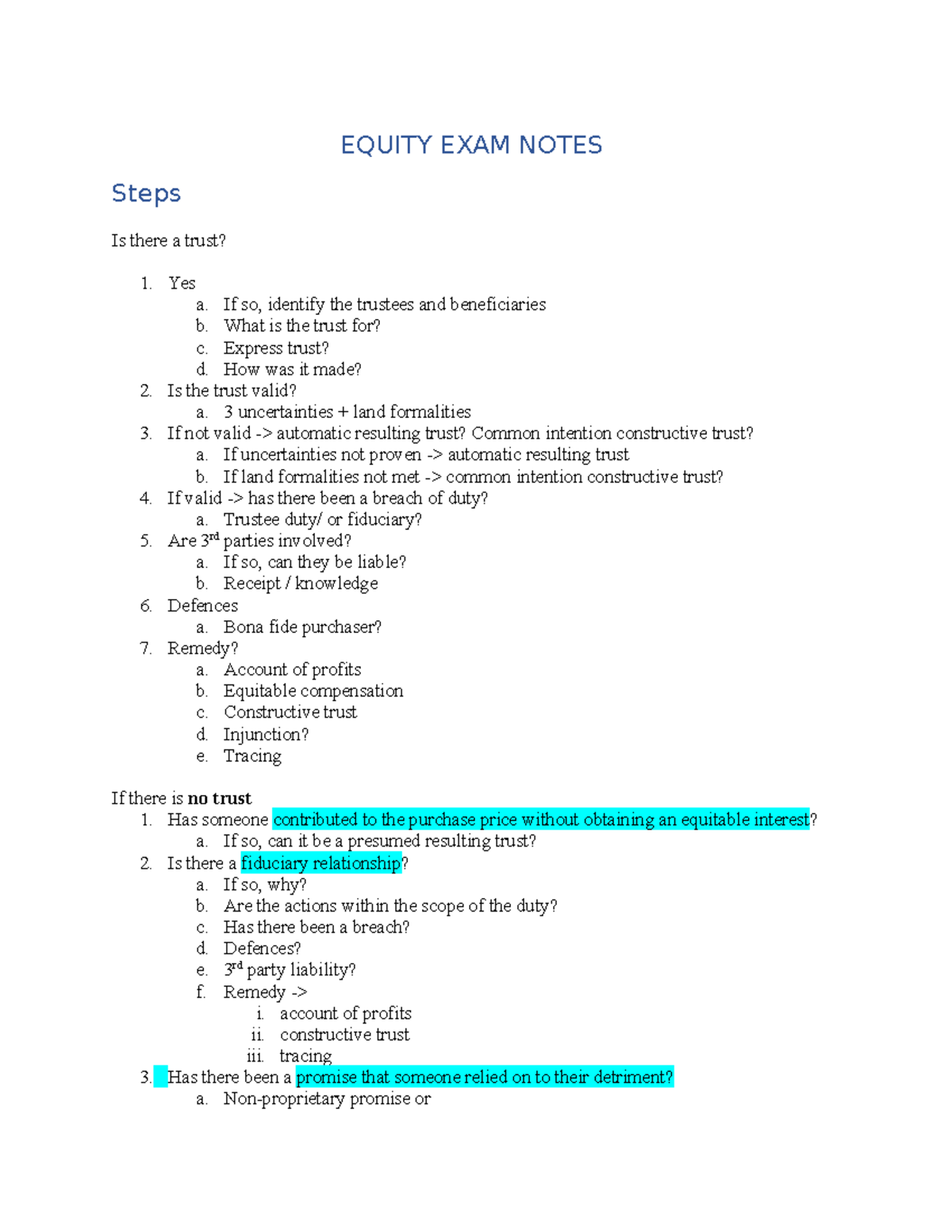 Equity LAW 301: Comprehensive Exam Notes on Trusts and Estoppel - Studocu