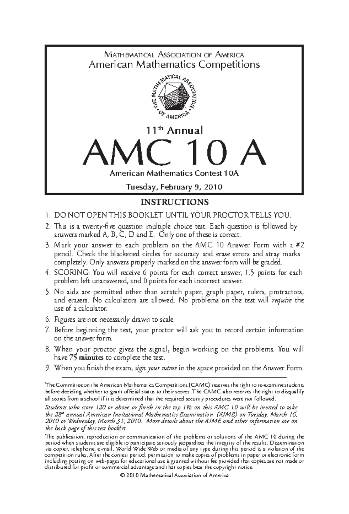 AMC 10 A 2010 - Past Exam and Instructions Guide - Studocu