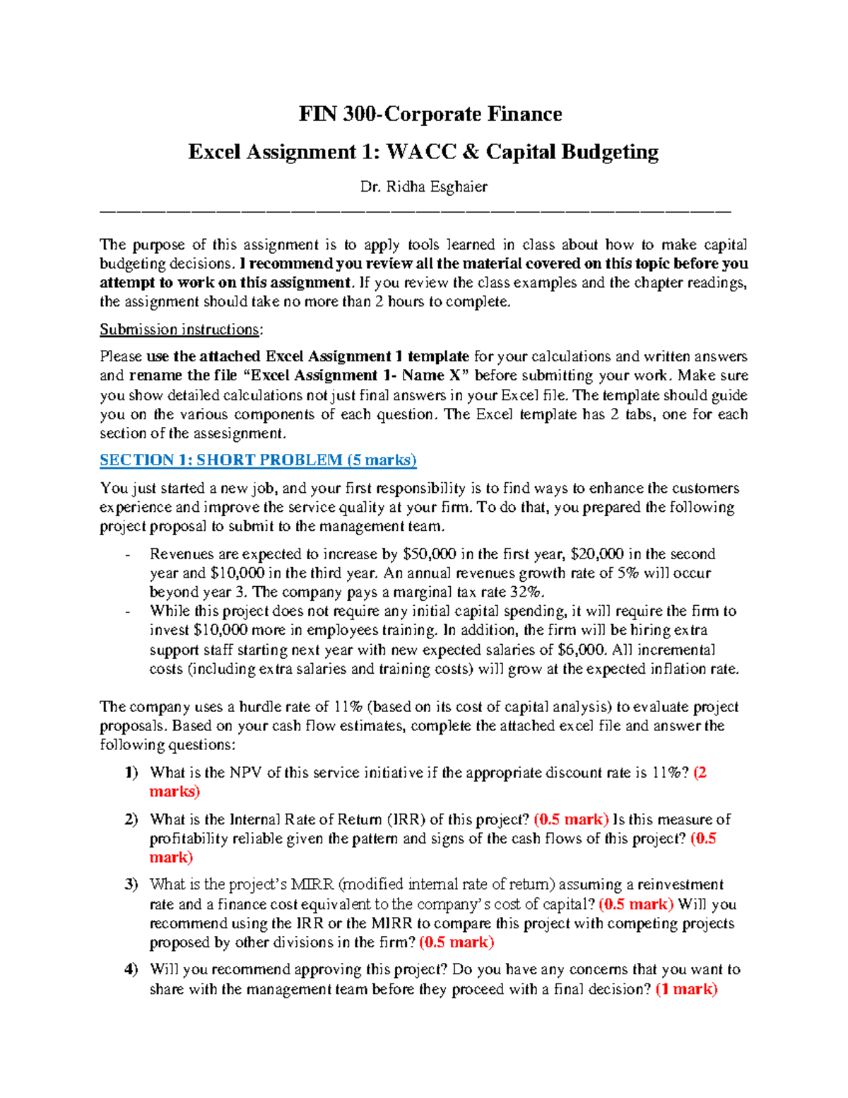 FIN 300 - Excel Assignment 1: WACC & Capital Budgeting Analysis - Studocu