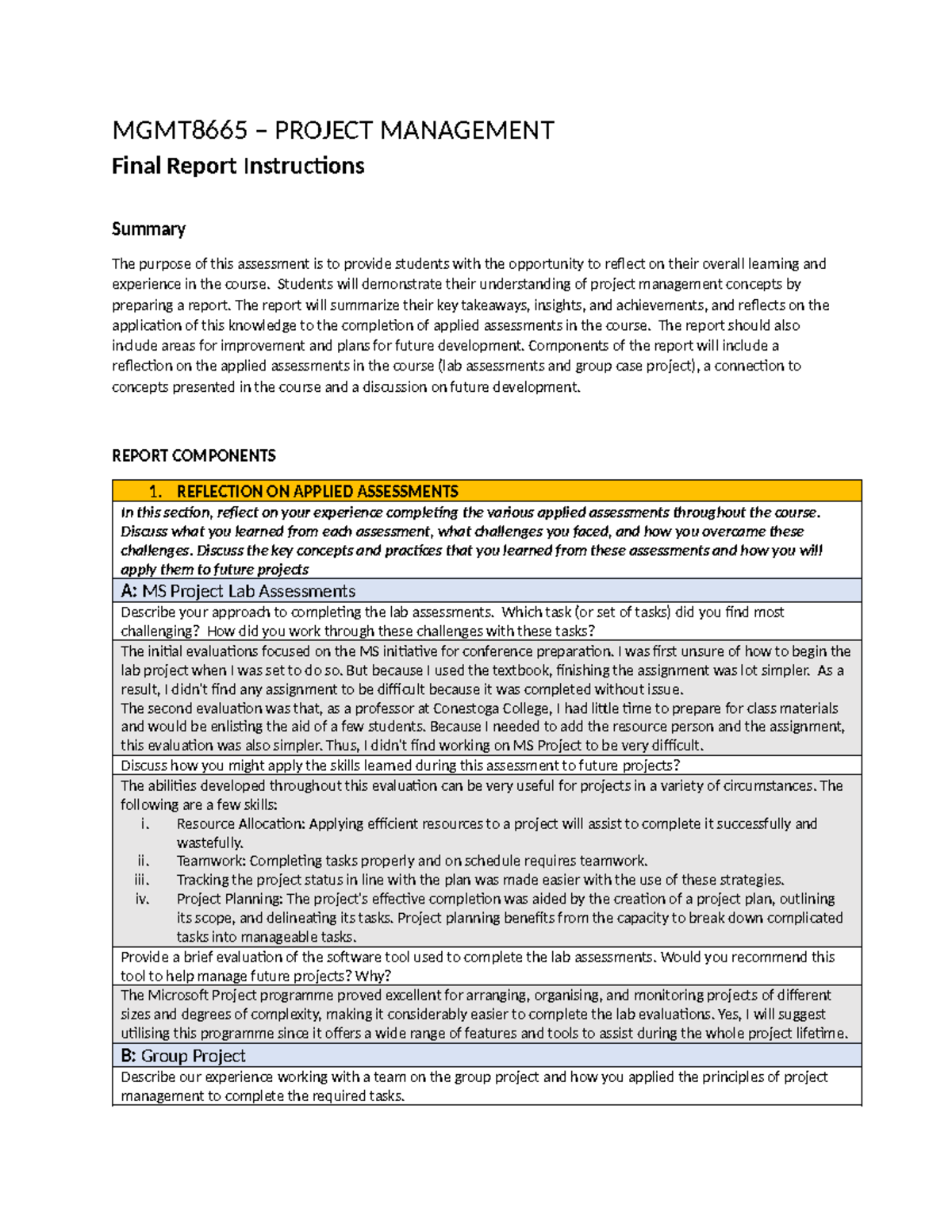 Final Report on Project Management Insights – MGMT8665 - Studocu