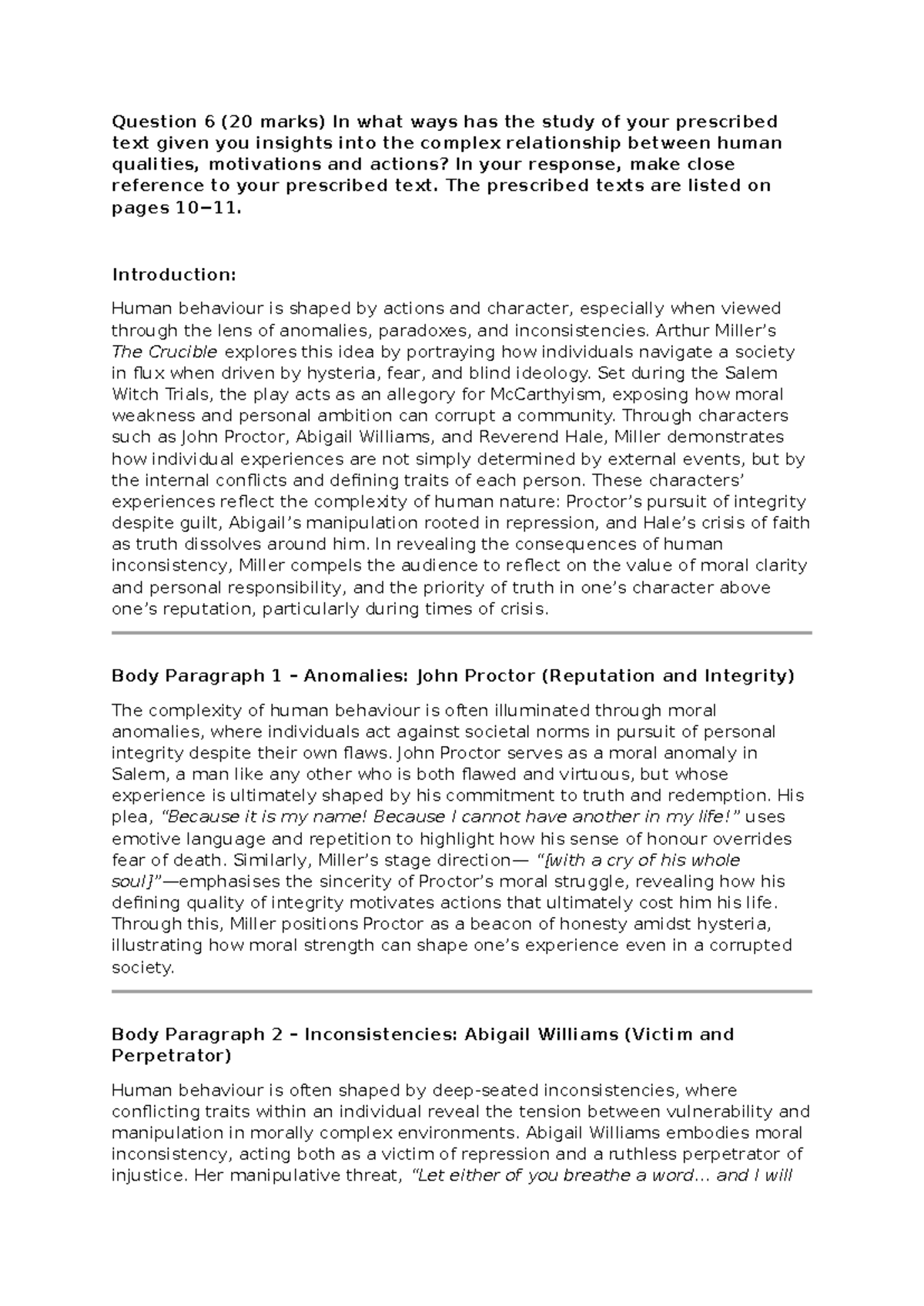 Crucible Essay: Insights into Human Nature and Morality - Studocu
