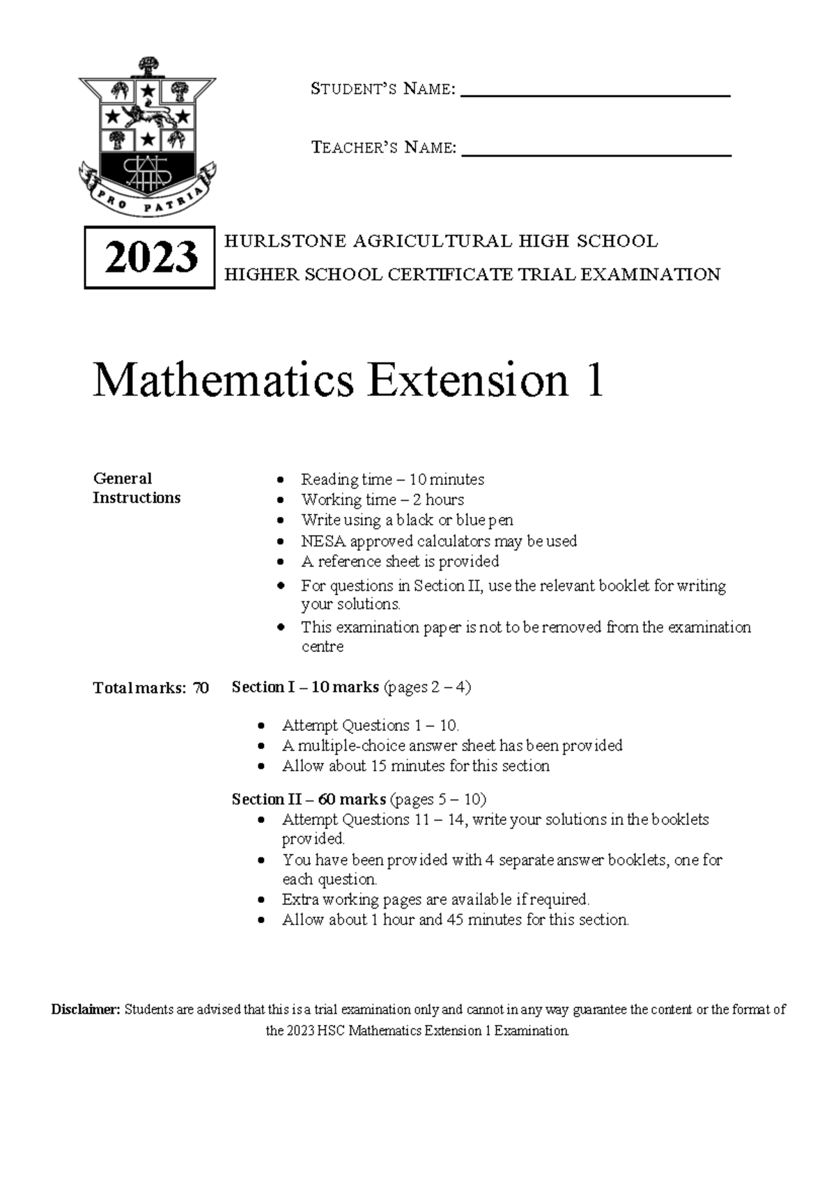 HAHS Mathematics Extension 1 Trial Exam 2023 - Solutions and Marking ...