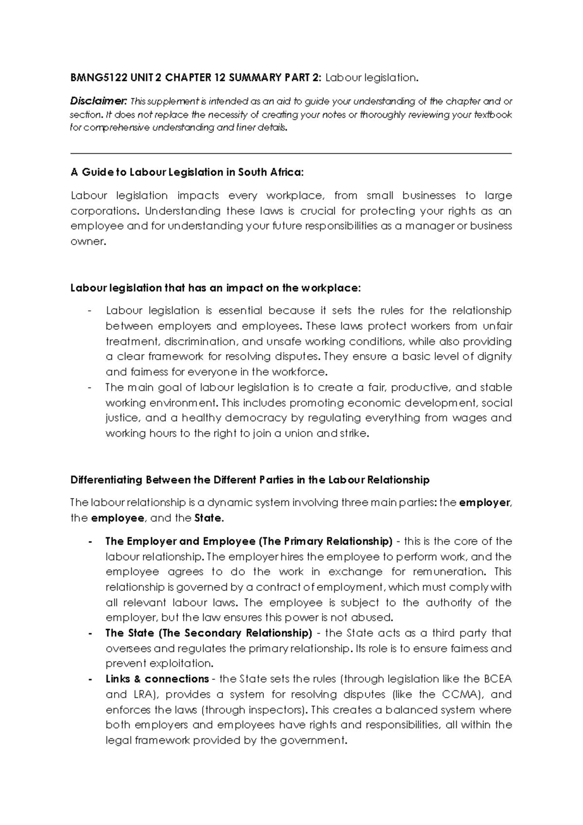 BMNG5122 Unit 2: Overview of South Africa's Labour Legislation - Studocu