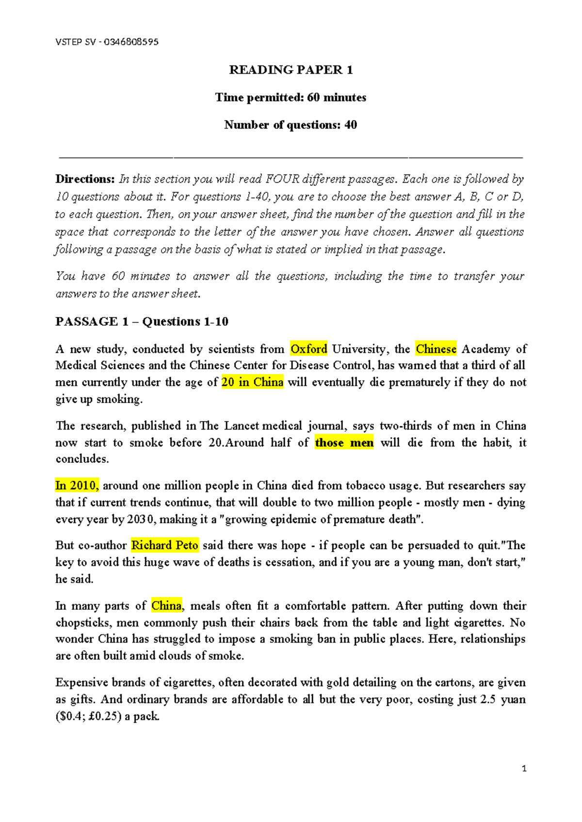 VSTEP SV 0346808595 Reading Test 1: Key Insights and Analysis - Studocu