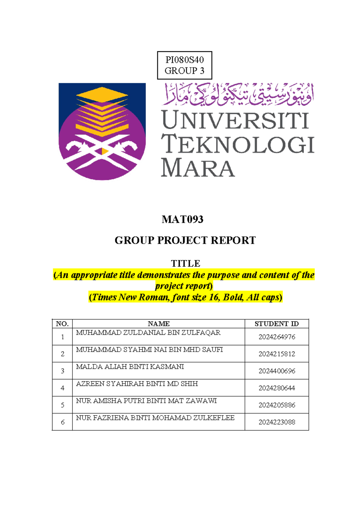 MAT093 2024 - Group Project Report Template for Written Presentation ...