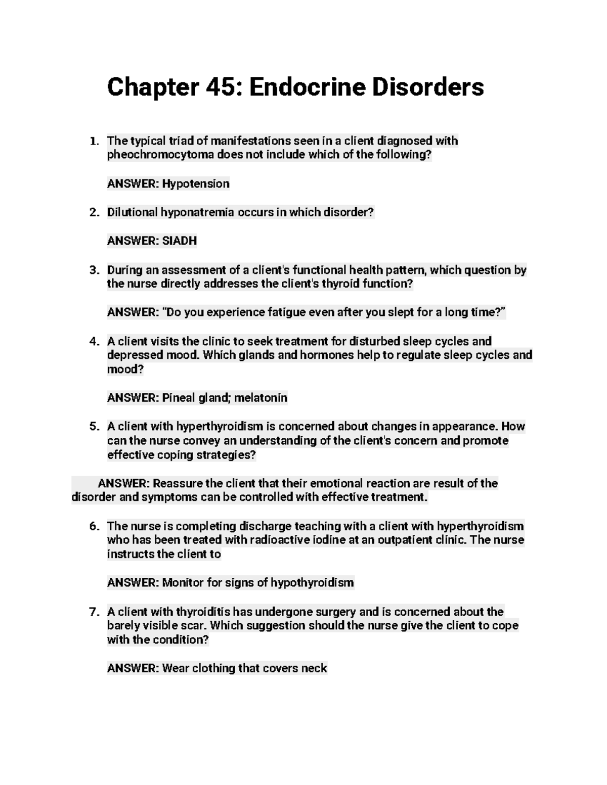 Endocrine Disorders Practice Questions (Ch. 45) - Study Guide - Studocu