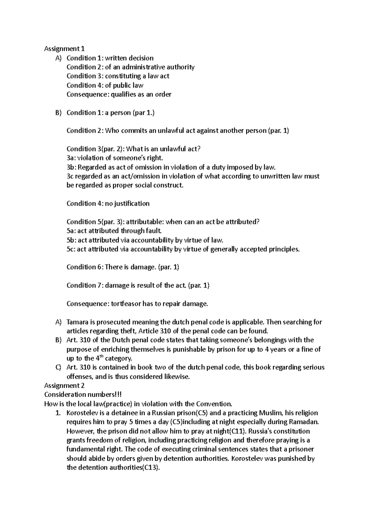 Law Assignment 1 & 2: Analyzing Conditions and Rights Violations ...