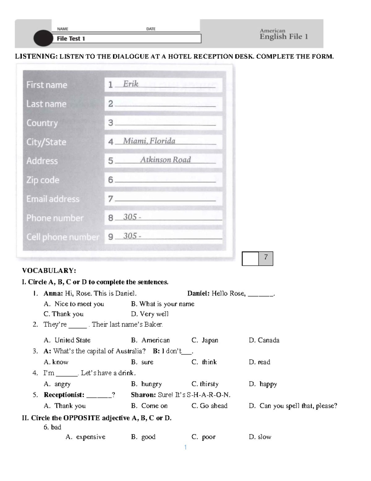 UNIT 1-2 TEST CODE B - AVCB - 1 LISTENING: LISTEN TO THE DIALOGUE AT A ...