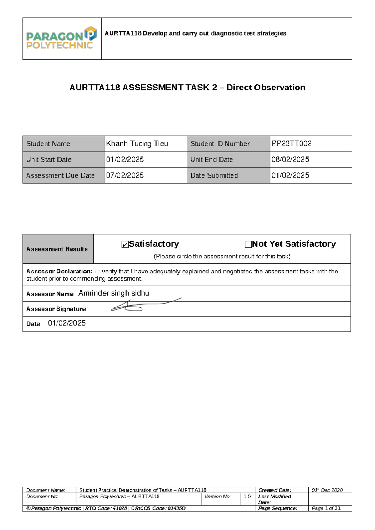 AURTTA118 Assessment 2: Direct Observation Checklist & Task Guide - Studocu