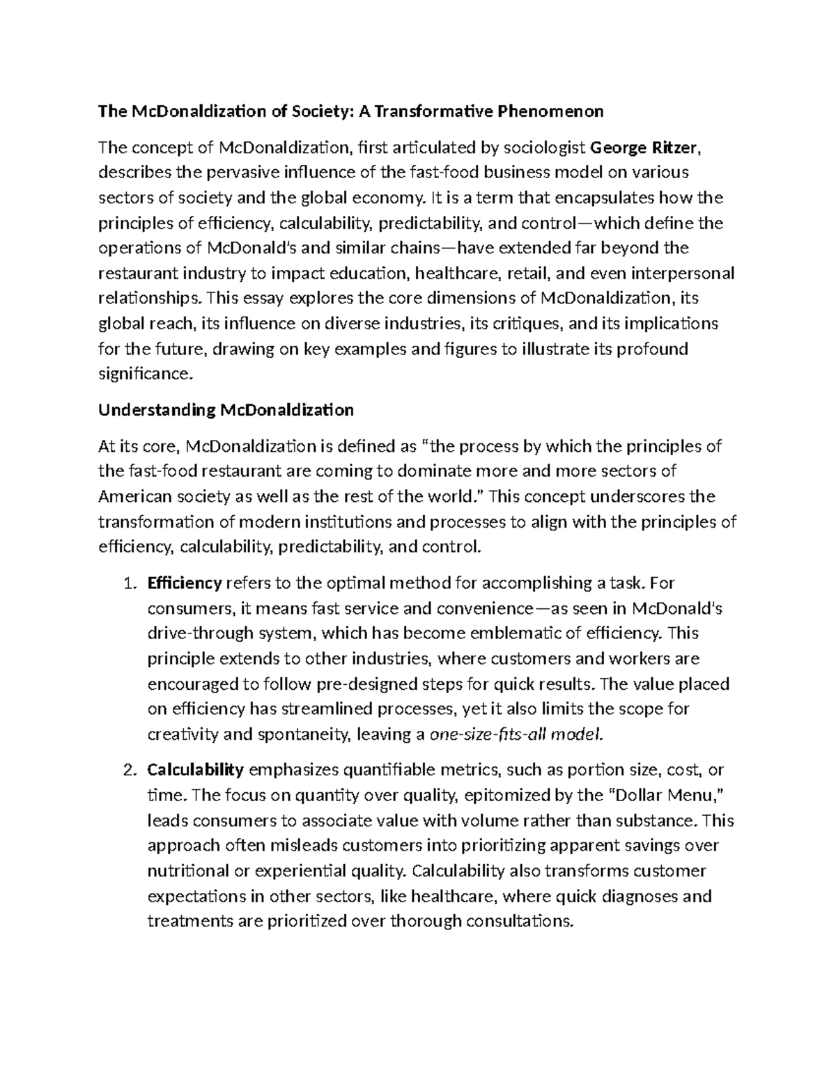 DSC 01 mcdonaldisation sem 1 - The McDonaldization of Society: A ...