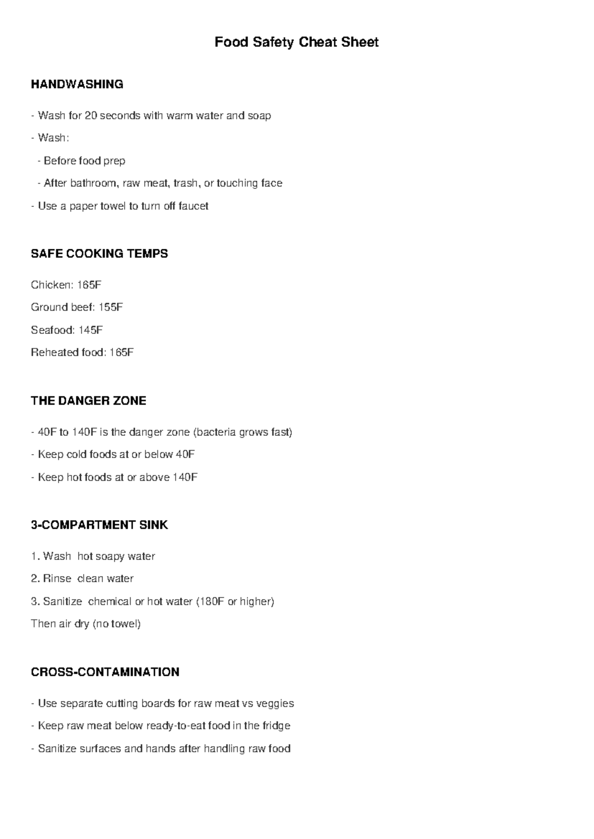 Food Safety Cheat Sheet: Handwashing & Cooking Temps Guide - Studocu