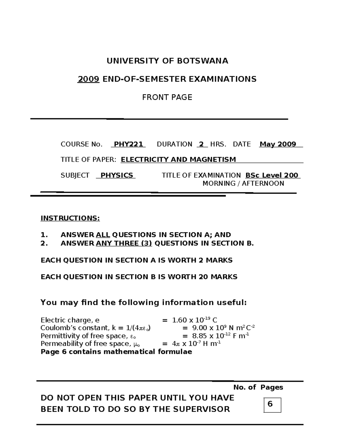 PHY221 Final Exam: Electricity and Magnetism - May 2009 - Studocu