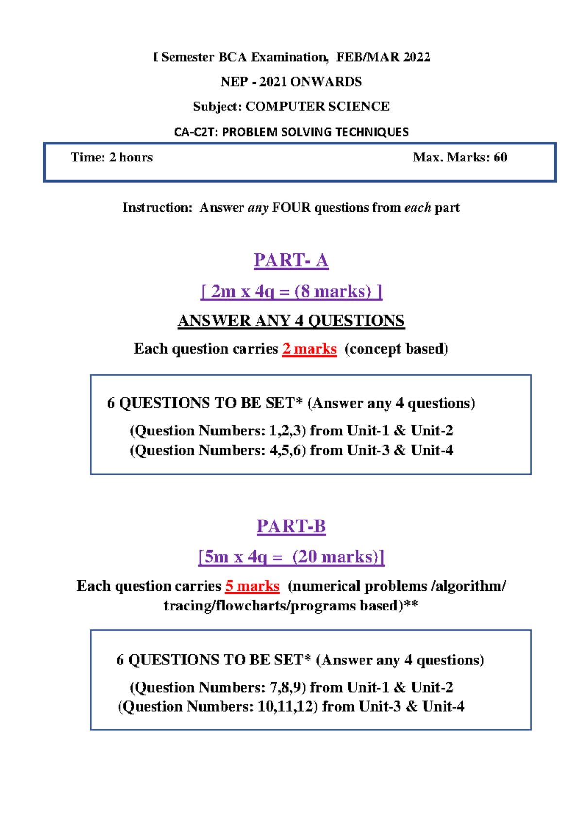 NEP Model Q. Paper Pattern - I Semester BCA Examination, FEB/MAR 2022 ...