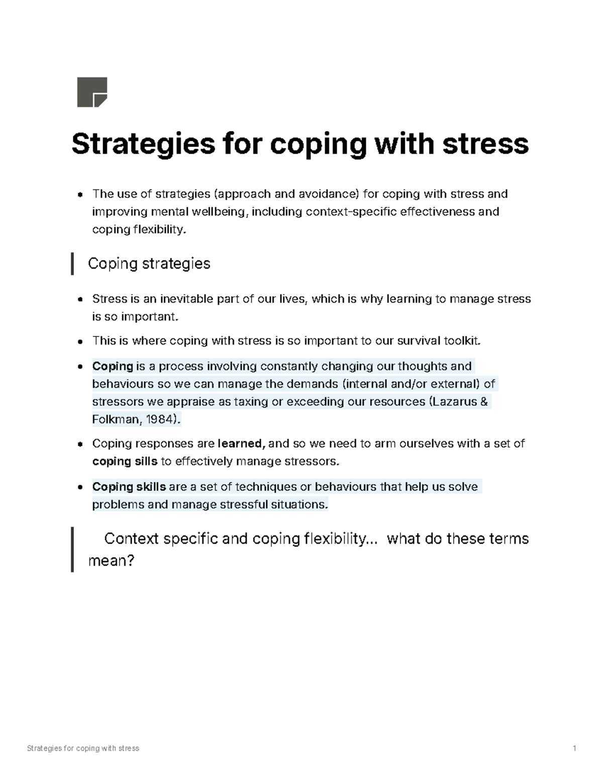Psychnotes - Strategies for coping with stress notes - Strategies for ...