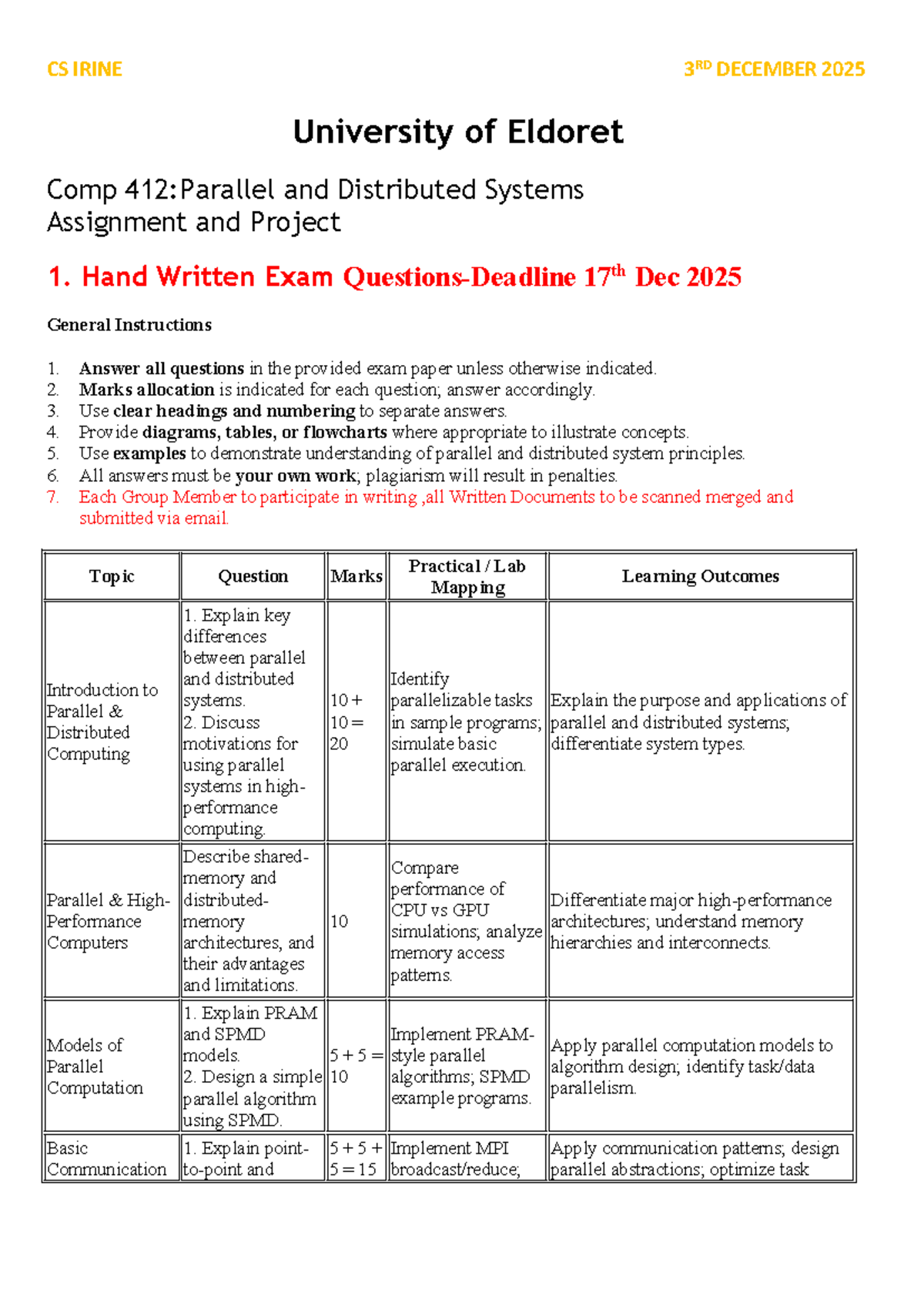 COMP 412: Parallel and Distributed Systems Assignment & Project Guide ...
