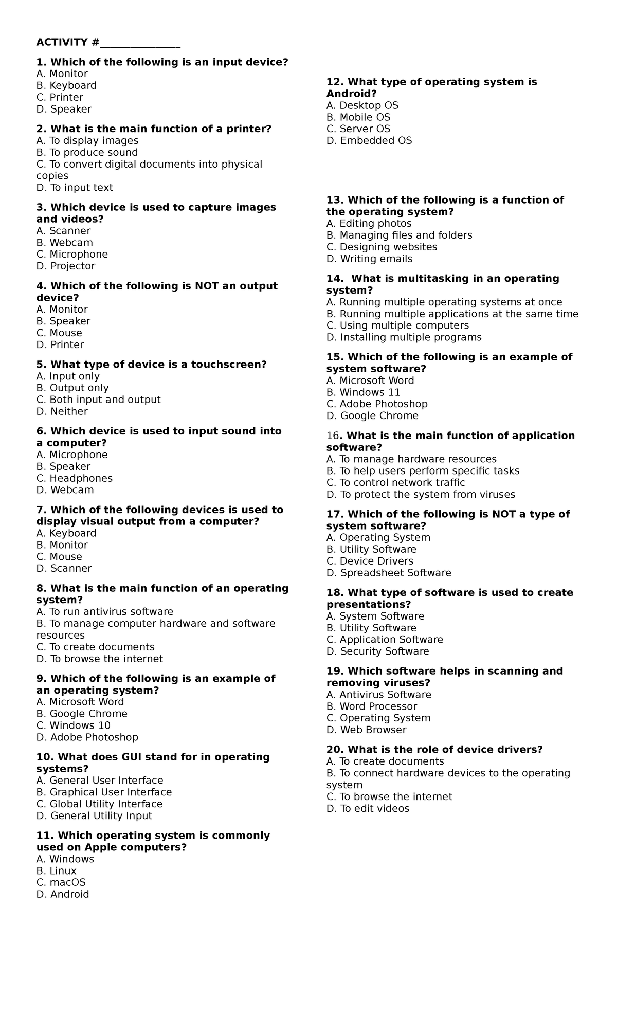 Activity 8 Reviewer: Input/Output Devices & Operating Systems (1st Qtr ...