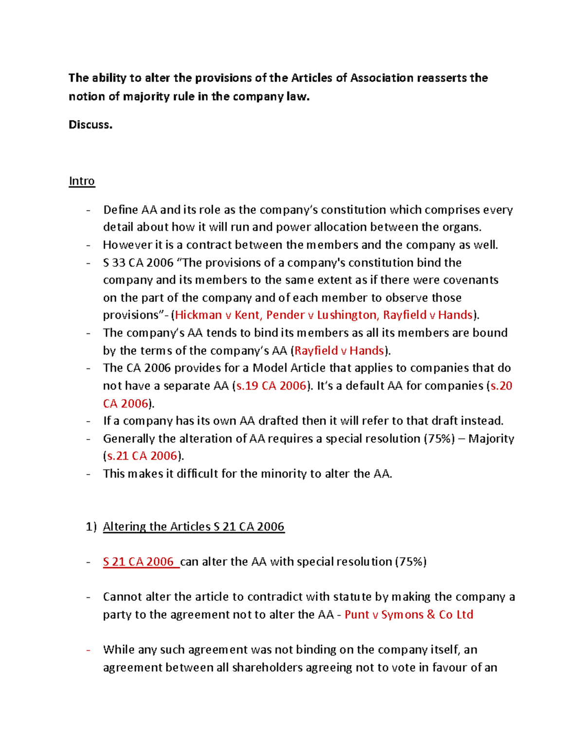 AA Amendment and Majority Rule in Company Law: An Essay Analysis - Studocu