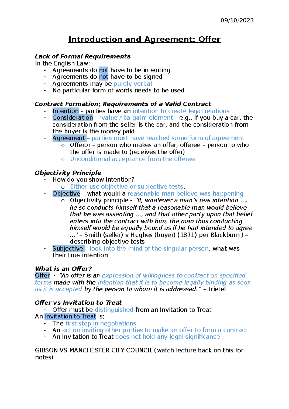 Introduction to Offer and Contract Law - Key Principles & Cases - Studocu
