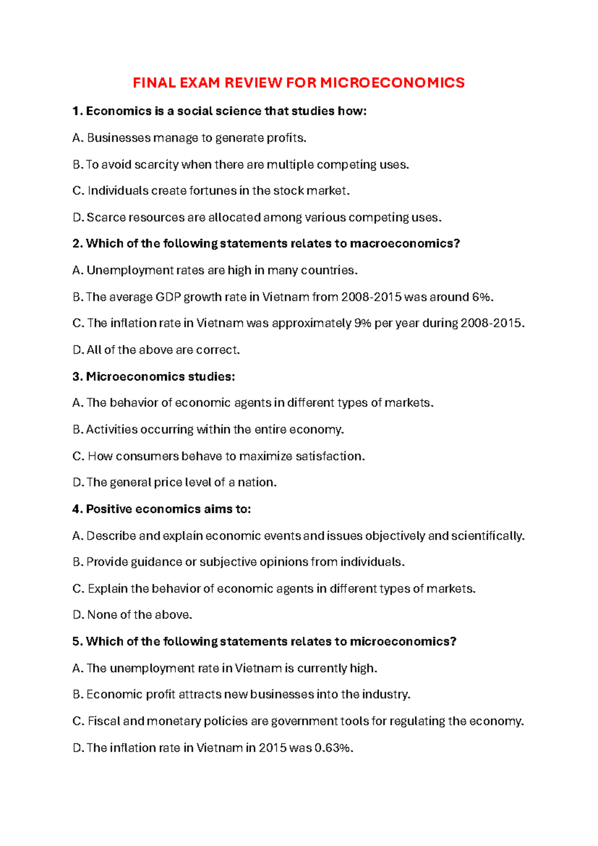 FINAL EXAM REVIEW FOR MICROECONOMICS 1: KEY CONCEPTS AND QUESTIONS ...