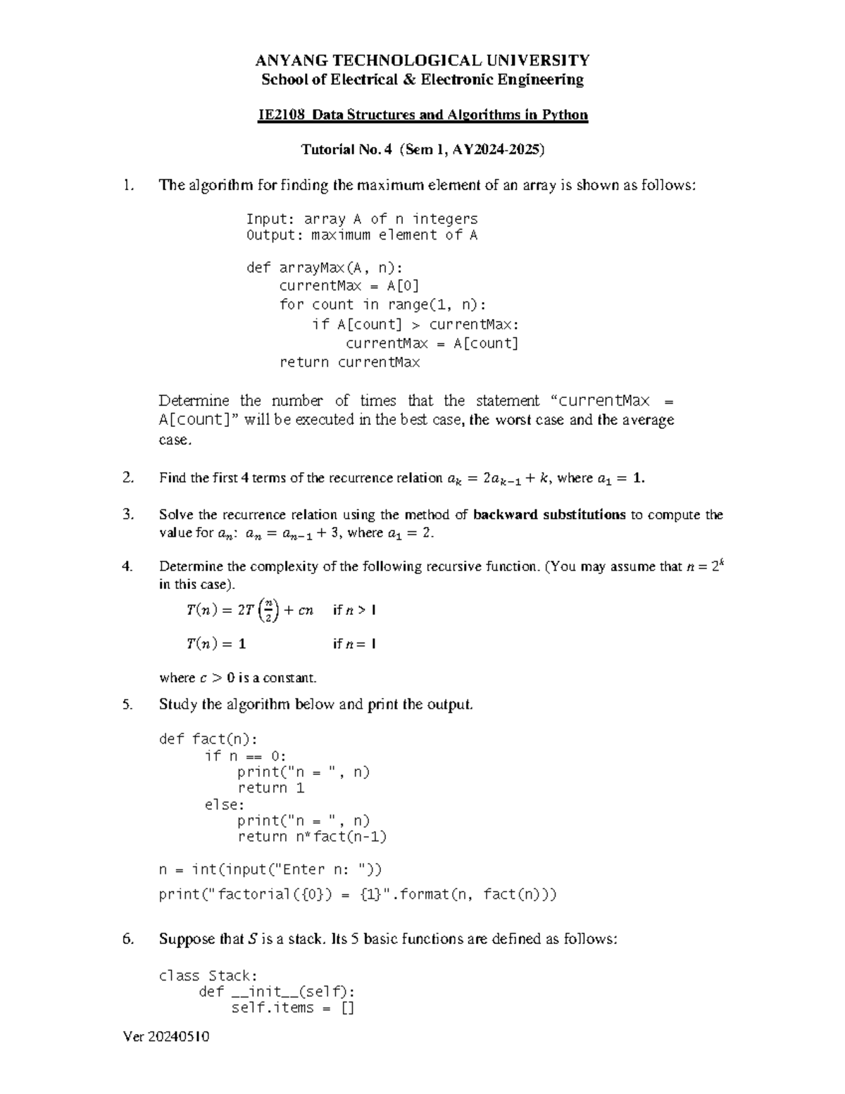 IE2108 Data Structures & Algorithms in Python Tutorial 04 - Studocu