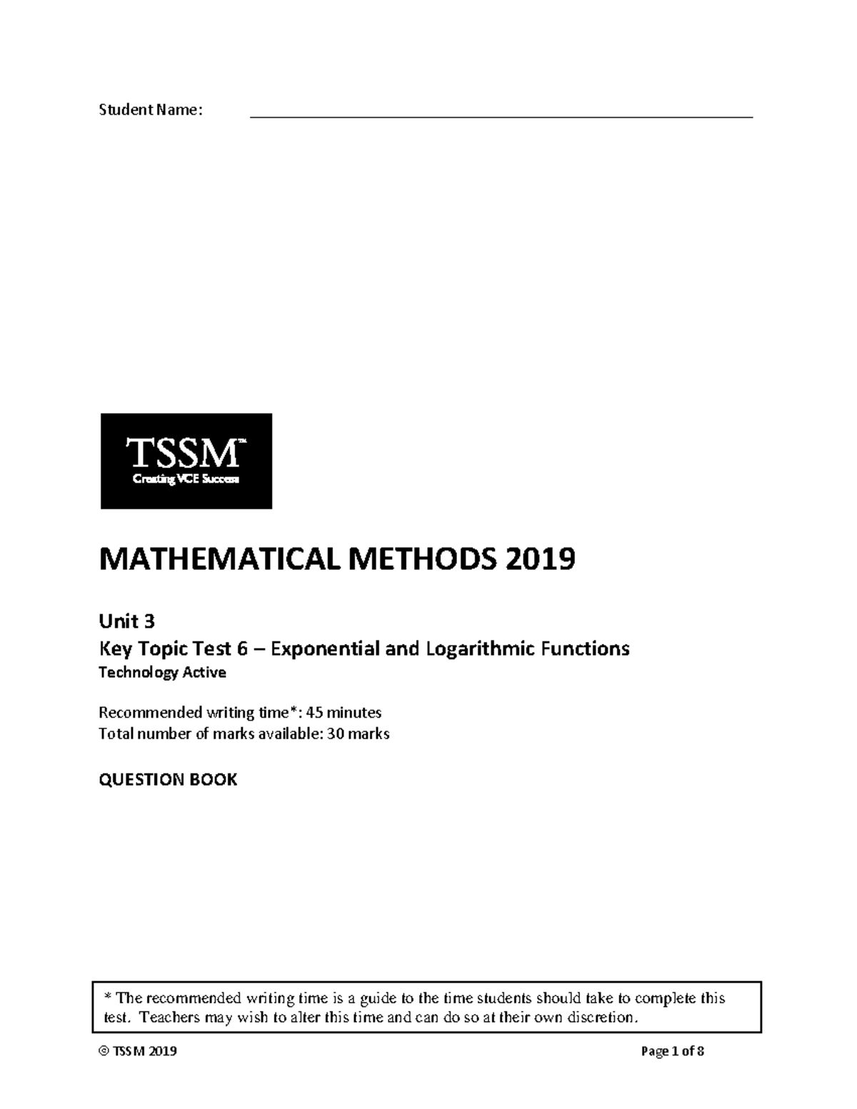 Maths Methods 2019 Unit 3 KTT 6: Exponential & Logarithmic Functions ...