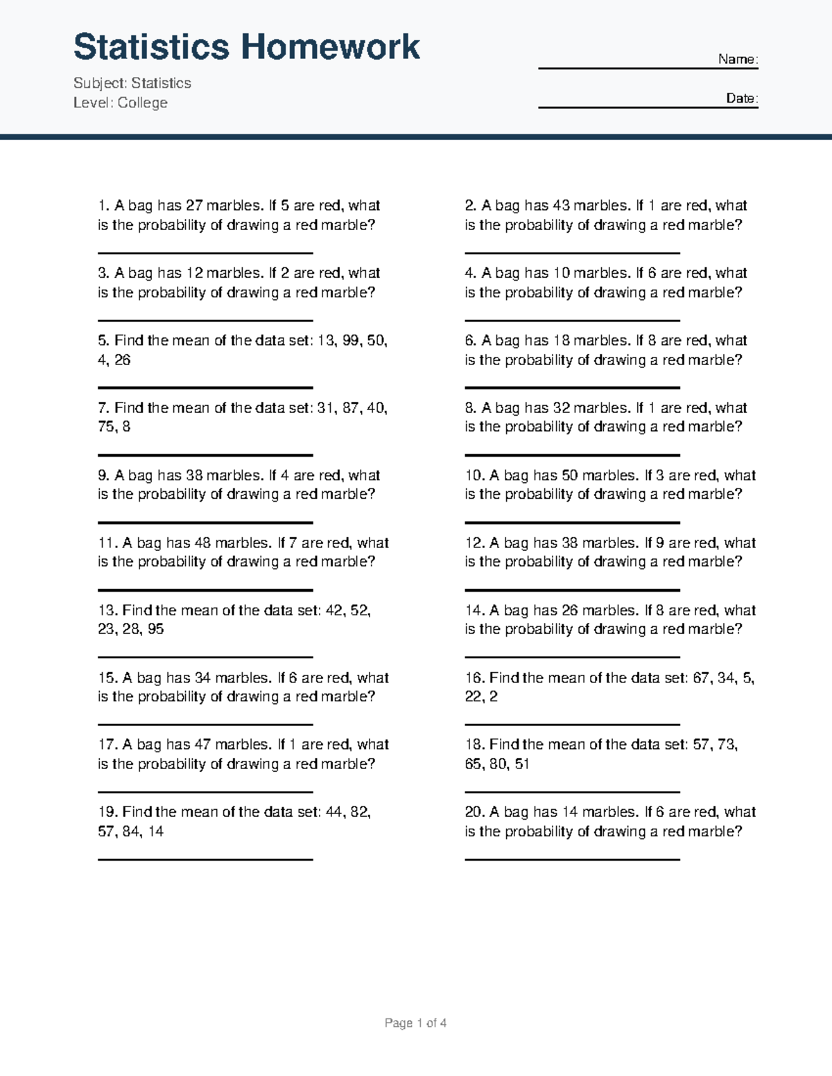 Statistics Homework 4: Probability & Mean Calculations - Studocu