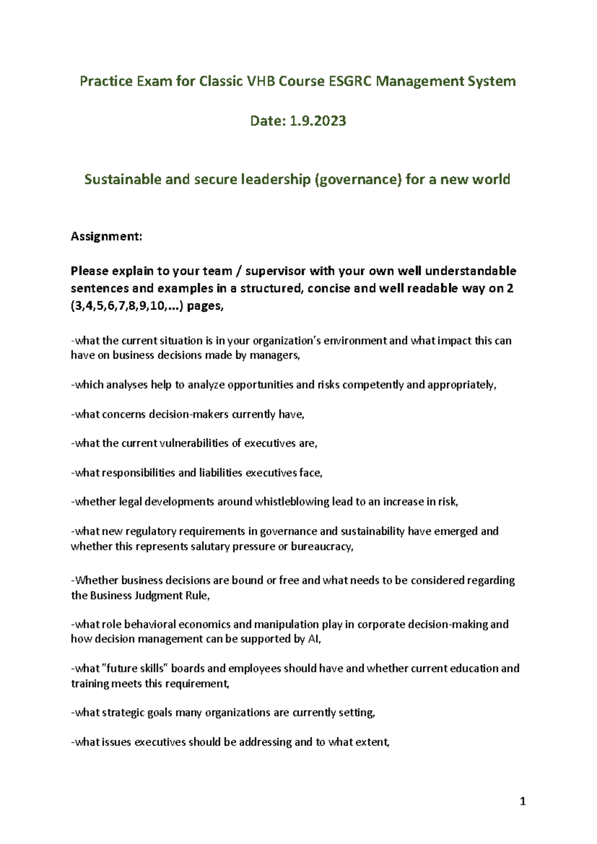 Practice Exam CVHB ESGRC: Sustainable Leadership & Governance - Studocu