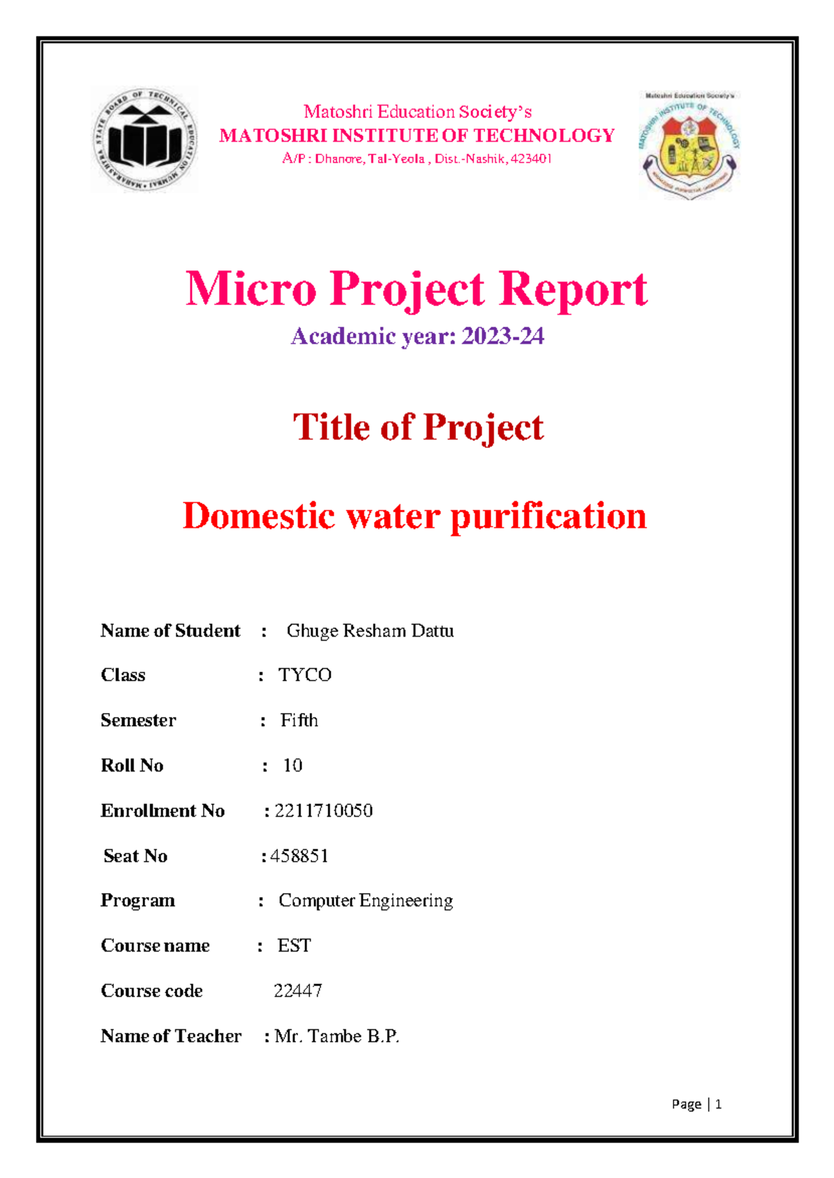EST M project - PROJEC IN WATER PURIFICTION EST - Matoshri Education ...