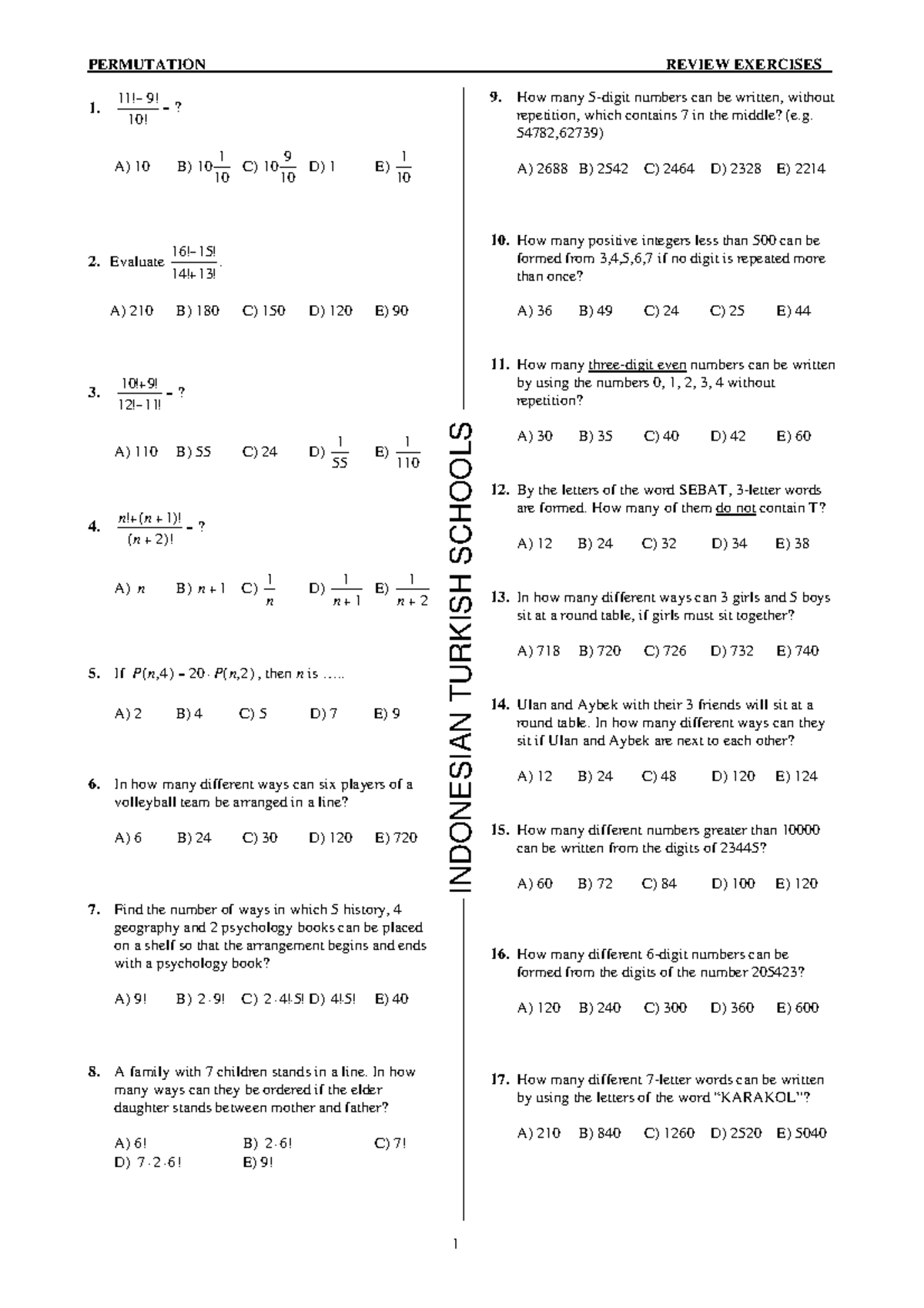 Math Worksheet: Permutations & Combinations Exercises (Ilide) - Studocu