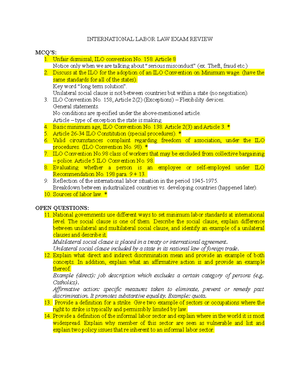 International Labor Law Exam Review: Key Concepts & MCQs - Studeersnel