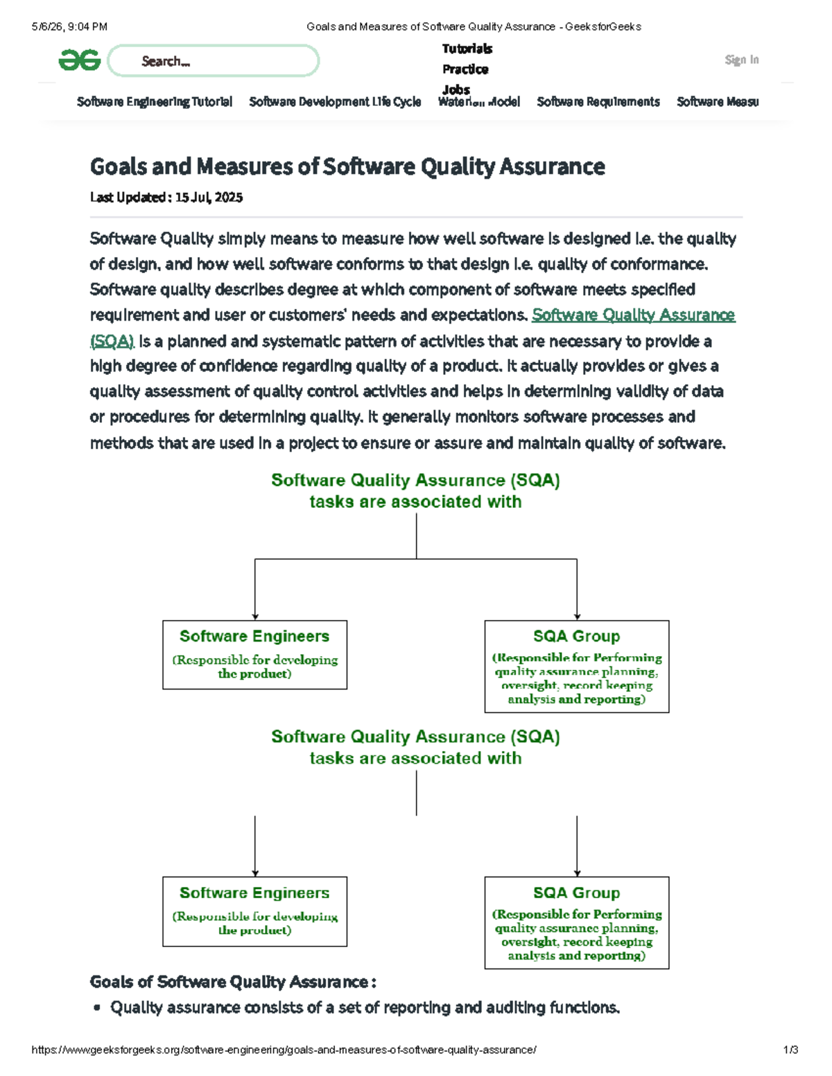 SQA 101: Goals and Measures of Software Quality Assurance - Studocu