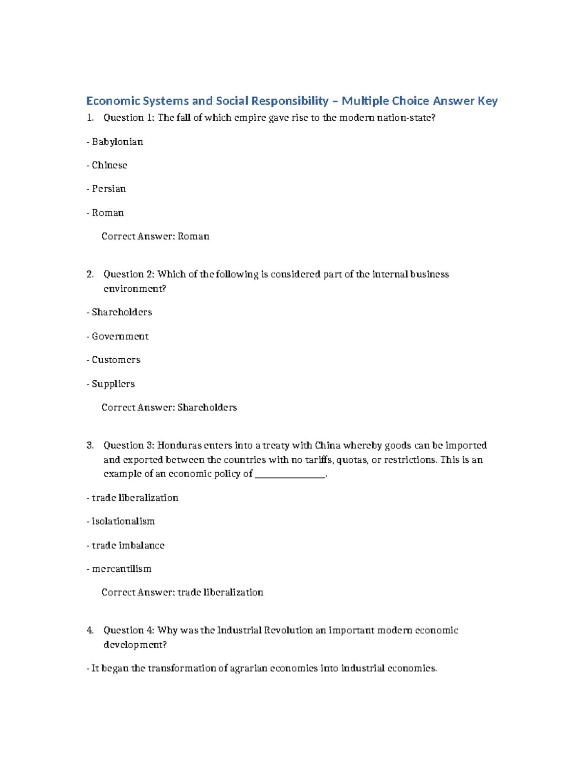 Economic Systems & Social Responsibility: MCQ Answer Key - Studocu