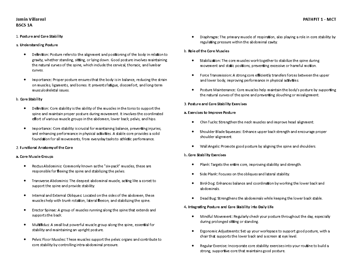 Posture & Core Stability Notes for PATHFIT ASSS 2 - BSCS 1A - Studocu