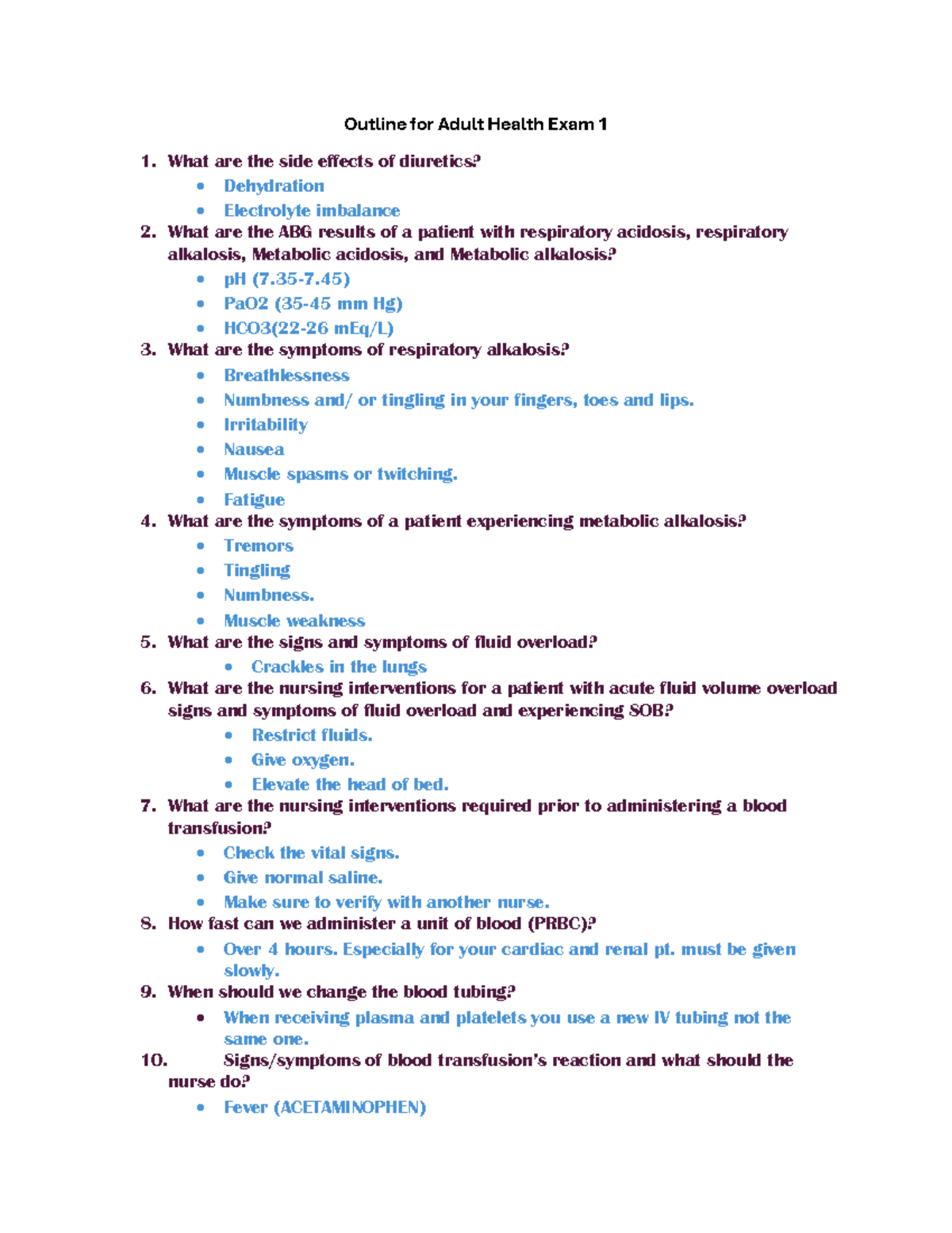 Exam 1 Study Guide for Adult Health (AH 101) - Studocu